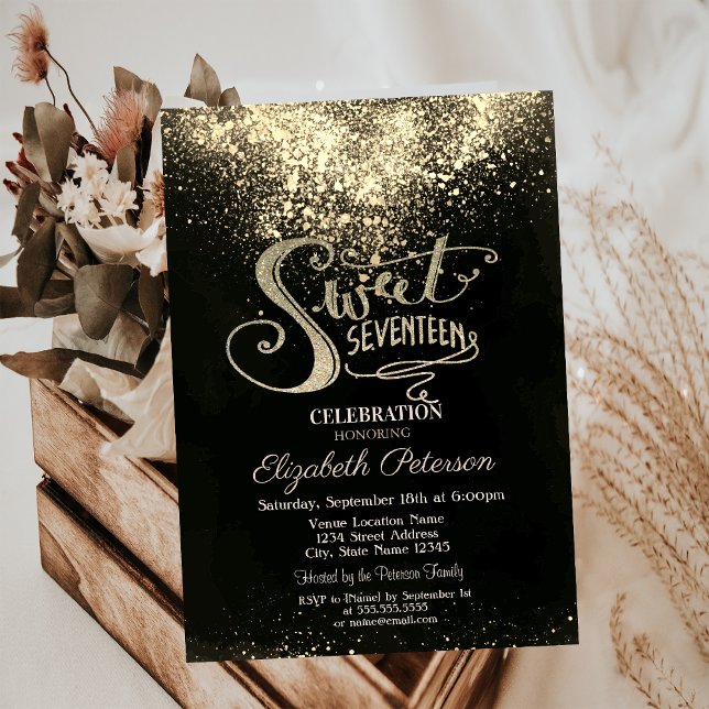 Elegant Gold Confetti, Black Sweet 17 Einladung (Von Creator hochgeladen)