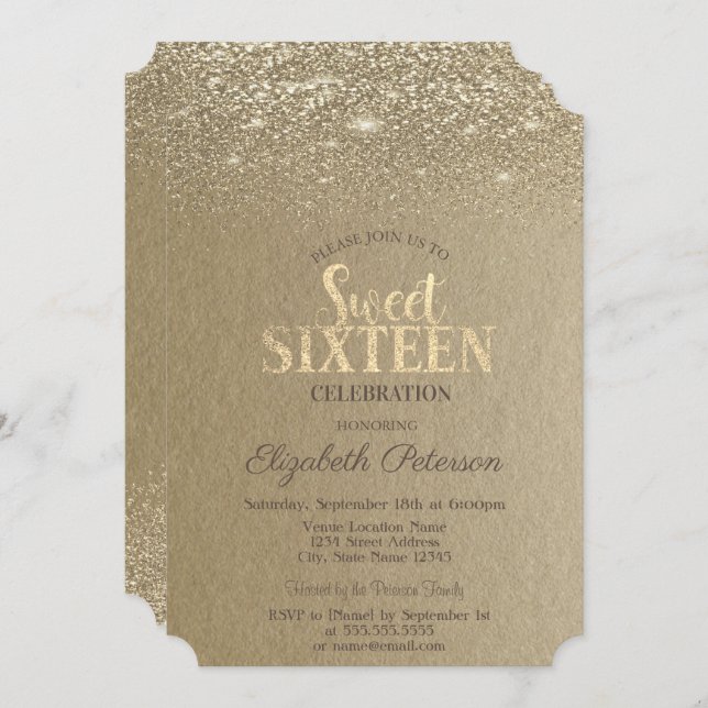 Elegant Gold Confetti Diamonds Kraft Sweet 16 Einladung (Vorne/Hinten)