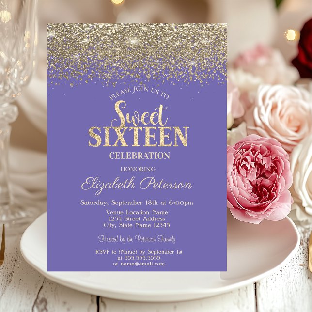 Elegant Gold Confetti Diamonds Lavander Sweet 16 Einladung (Von Creator hochgeladen)