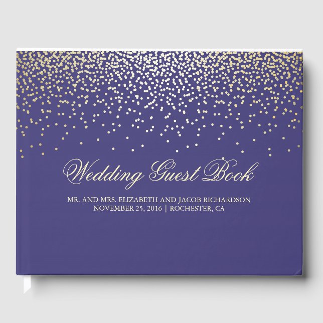 Elegant Gold Confetti Dots Navy Hochzeit Gästebuch (Vorderseite)
