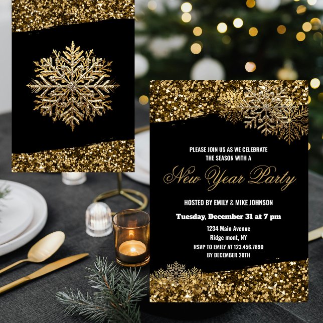 Elegant Gold Confetti Snowflakes New Year Party Einladung (Von Creator hochgeladen)