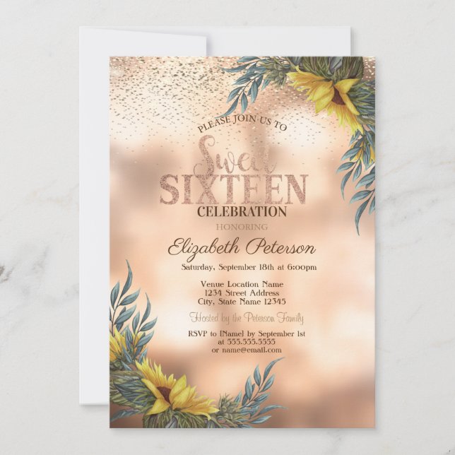 Elegant Gold Confetti, Sonnenblumen Süß 16 Einladung (Vorderseite)