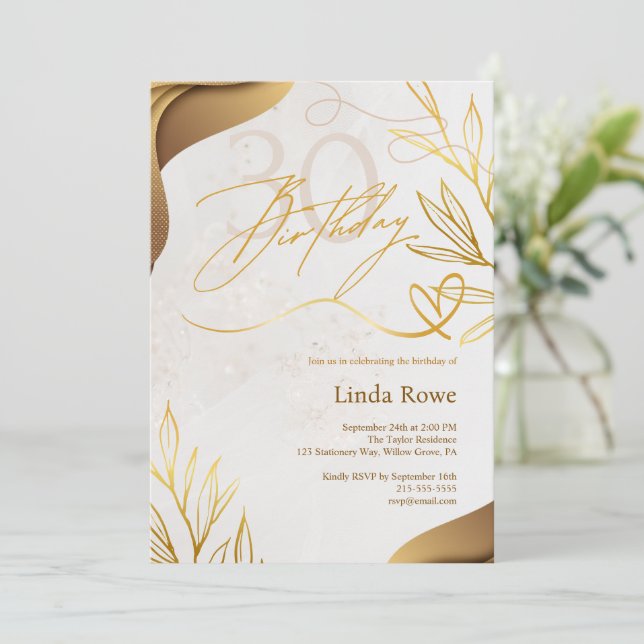 Elegant Gold & Cream 30. Geburtstag Einladung (Stehend Vorderseite)