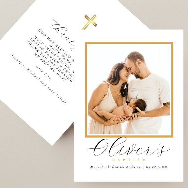 Elegant Gold Cross Baby´s Baptism Photo Script Dankeskarte (Von Creator hochgeladen)