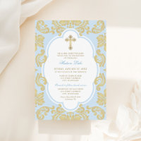 Elegant Gold Cross Blue Damask Baby Boy Baptisse