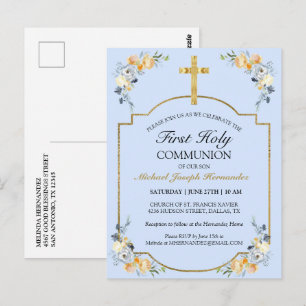 Elegant Gold Cross Blue Floral 1. Heilige Kommune Postkarte