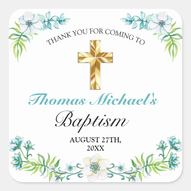 Elegant Gold Cross Boy's Blue Baptism Danke Quadratischer Aufkleber (Vorderseite)