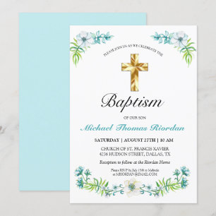 Elegant Gold Cross Boy's Blue Baptism Einladung