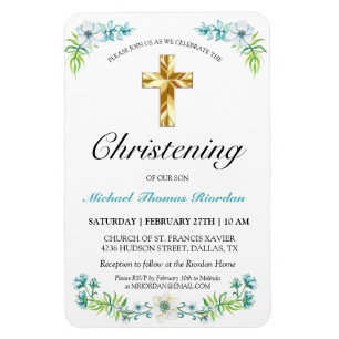 Elegant Gold Cross Boy's Blue Christening Magnet