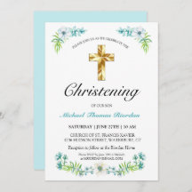 Elegant Gold Cross Boy's Blue Floral Christening
