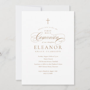 Elegant Gold Cross Calligraphy First Comunión Einladung