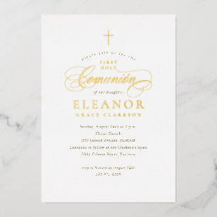 Elegant Gold Cross Calligraphy First Comunión Folieneinladung