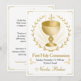 Elegant Gold Cross Chalice First Holy Communion Einladung