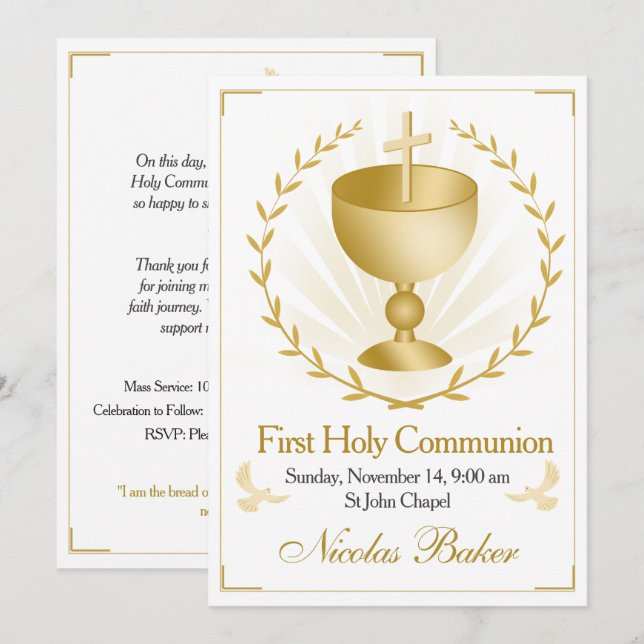 Elegant Gold Cross Chalice First Holy Communion Einladung (Vorne/Hinten)