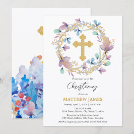 Elegant Gold Cross Christening Floral Einladung