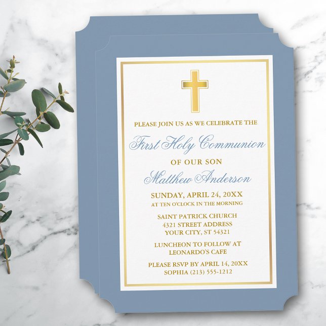 Elegant Gold Cross Dusty Blue First Communation Einladung (Customize to change text size, style, color or to add more text or photos to back of card.)