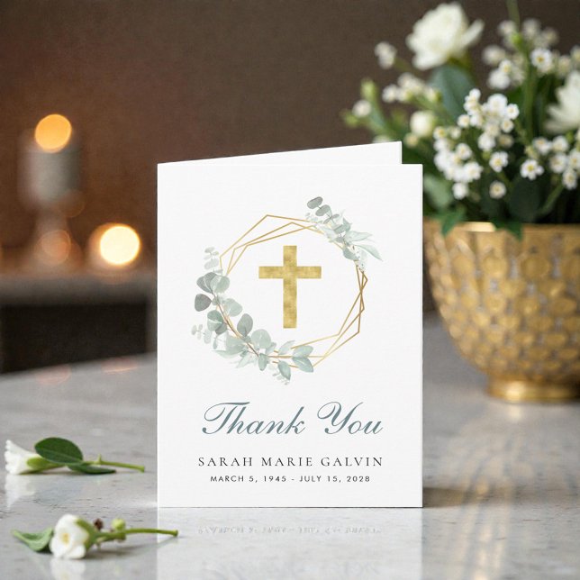 Elegant Gold Cross Eukalyptus Funeral Dankeskarte (Elegant Gold Cross Eucalyptus Funeral Thank You Card)