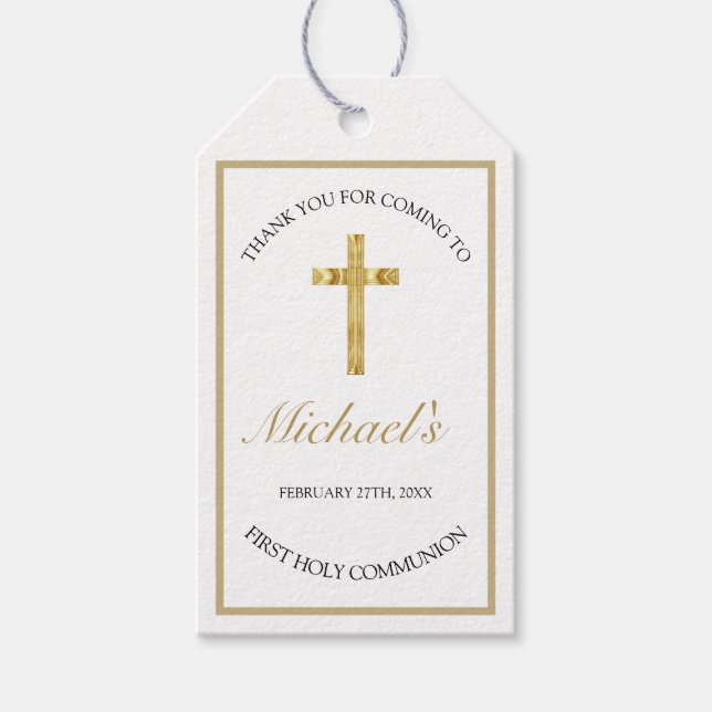 Elegant Gold Cross First Holy Communion White Geschenkanhänger (Vorderseite)