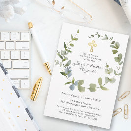 Elegant Gold Cross Heilige Kommunion Grüne Einladung