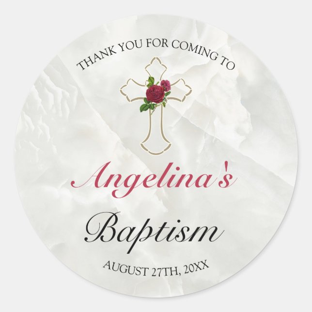 Elegant Gold Cross Marmor Blumen Taufe Vielen Dank Runder Aufkleber (Vorderseite)