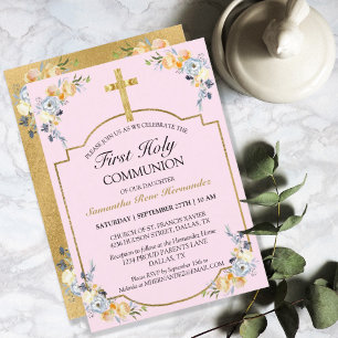 Elegant Gold Cross PInk Floral 1. Heilige Kommunio Einladung