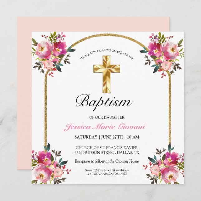 Elegant Gold Cross PInk Floral Taufen Einladung (Vorne/Hinten)