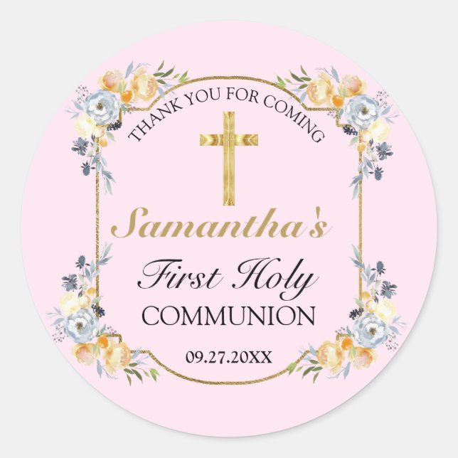 Elegant Gold Cross Rosa Floral 1. Heilige Kommune Runder Aufkleber (Vorderseite)