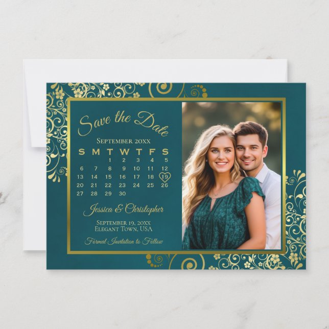 Elegant Gold Curls Teal Calendar & Photo Wedding Save The Date (Vorderseite)