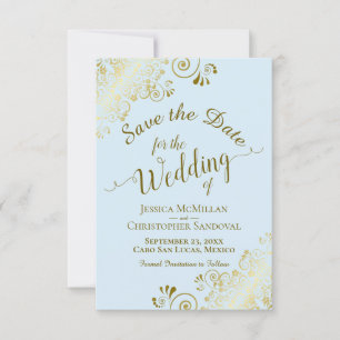 Elegant Gold Curly Filigree on Powder Blue Wedding Save The Date