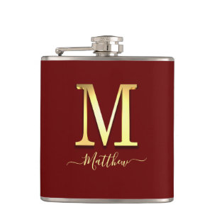 Elegant Gold Custom Monogram M Name Flask Flachmann