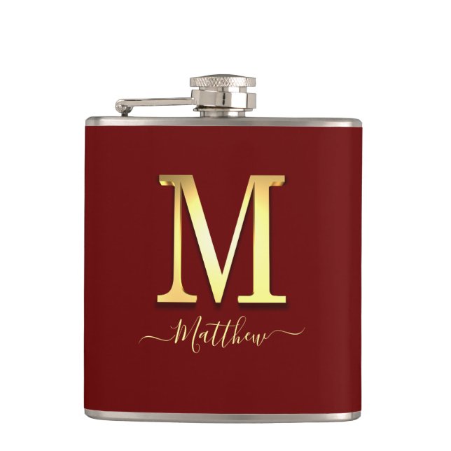 Elegant Gold Custom Monogram M Name Flask Flachmann (Vorderseite)