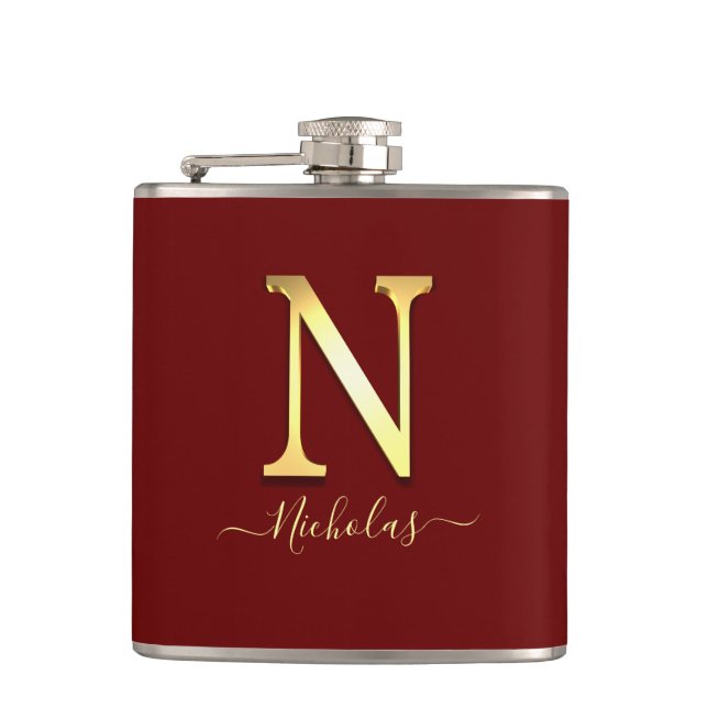Elegant Gold Custom Monogram N Name Flask Flachmann (Vorderseite)