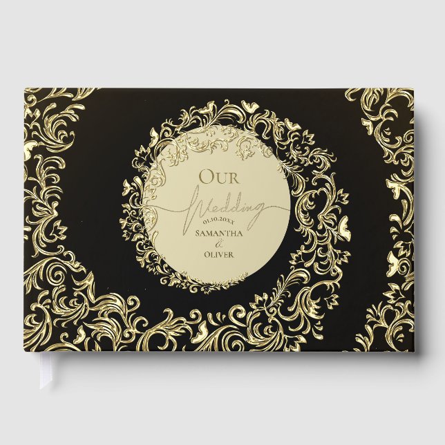 Elegant Gold Damask Hochzeit Gästebuch (Vorderseite)