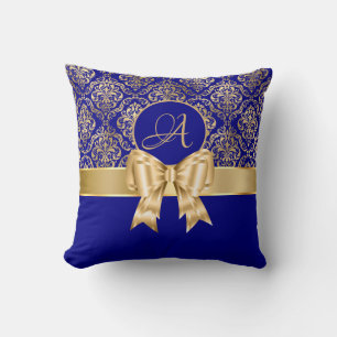 Elegant Gold Damask Monogram auf Navy Blue Kissen