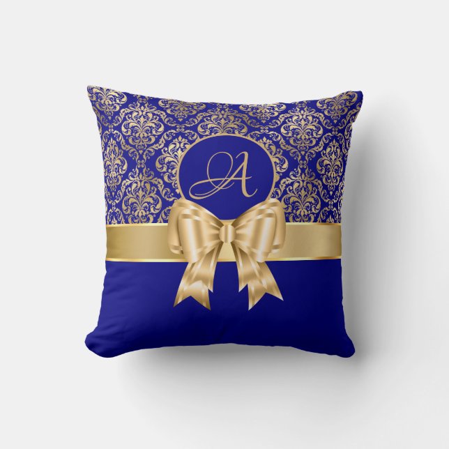 Elegant Gold Damask Monogram auf Navy Blue Kissen (Vorderseite)