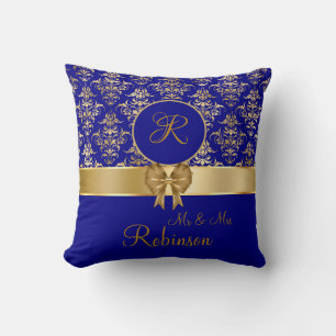 Elegant Gold Damask Monogram auf Navy Blue Kissen