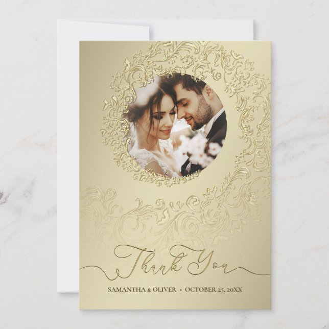 Elegant Gold Damask Wedding Danke Foto (Vorderseite)