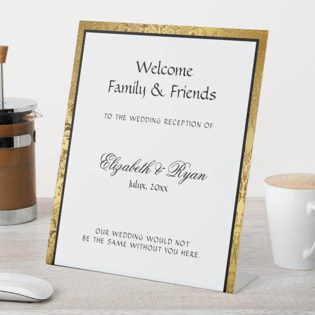 Elegant Gold Damask Wedding Welcome Sockelschild (In Situ)