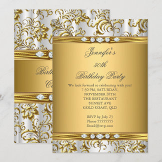 Elegant Gold Damask White Silver Diamond Geburtsta Einladung