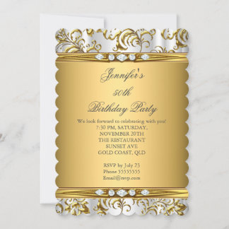 Elegant Gold Damask White Silver Diamond Geburtsta Einladung