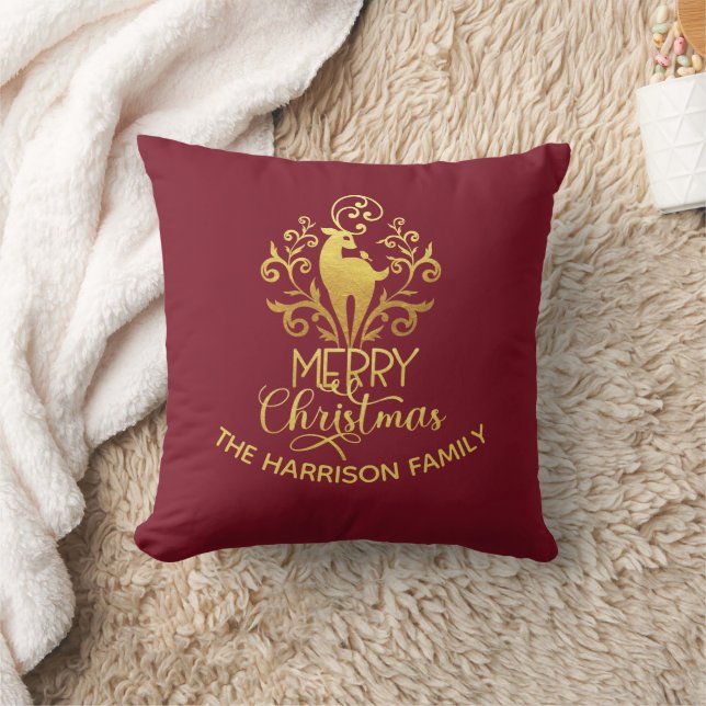 Elegant Gold Deer Frohe Weihnachten Rot Kissen (Decke)