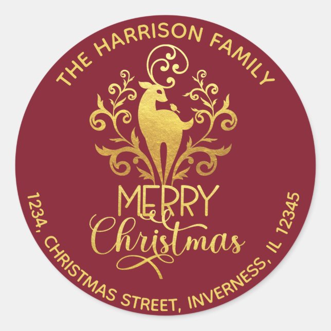 Elegant Gold Deer Frohe Weihnachtsadresse Red Runder Aufkleber (Vorderseite)