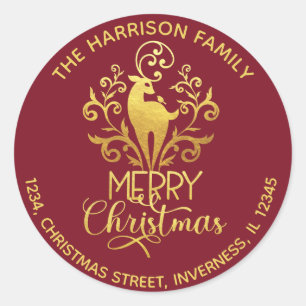Elegant Gold Deer Frohe Weihnachtsadresse Red Runder Aufkleber