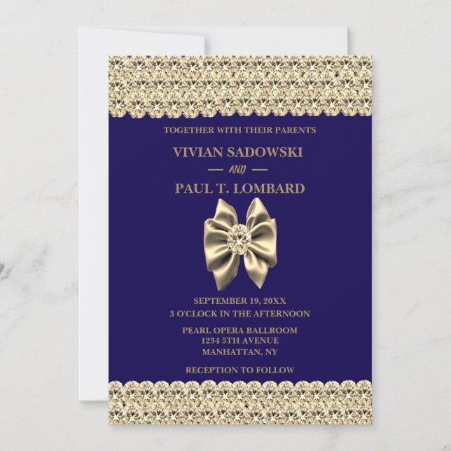 Elegant Gold Diamond Navy Blue Wedding Einladung (Vorderseite)