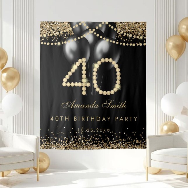 Elegant Gold Diamonds 40th Birthday Party Backdrop Wandteppich (Gold Diamonds 40th Birthday Party Backdrop)