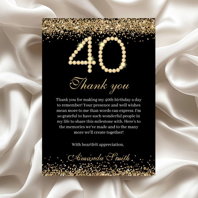 Elegant Gold Diamonds 40th Birthday Thank you Card Dankeskarte (Gold Diamonds 40th Birthday Party Thank you card)