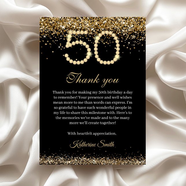 Elegant Gold Diamonds 50th Birthday Thank you Card Dankeskarte (Gold Diamonds 50th birthday thank you Card)