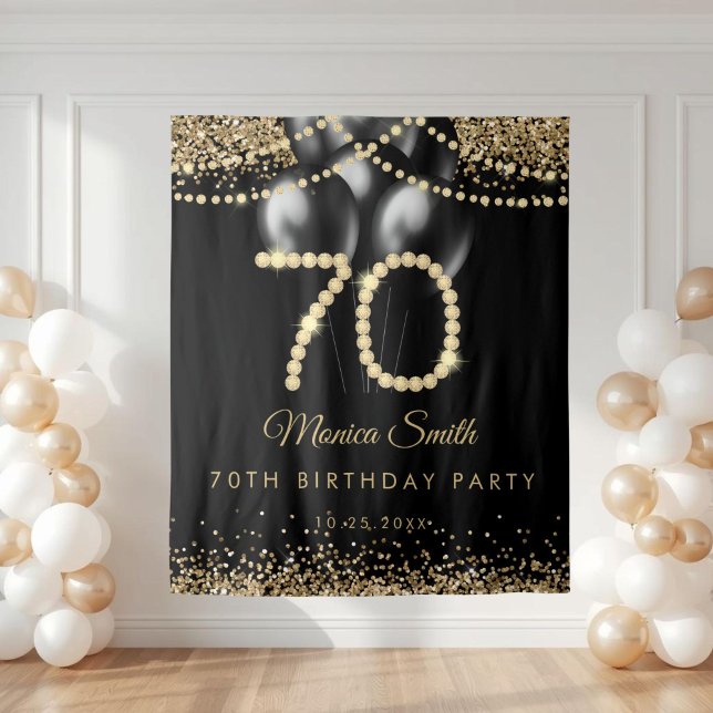 Elegant Gold Diamonds 70th Birthday Party Backdrop Wandteppich (Gold Diamonds 70th Birthday Party Backdrop)