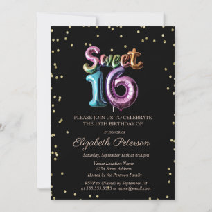 Elegant Gold Diamonds Black Balloon Sweet 16 Einladung