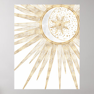 Elegant Gold Doodles Sun Moon Mandala Design Poster